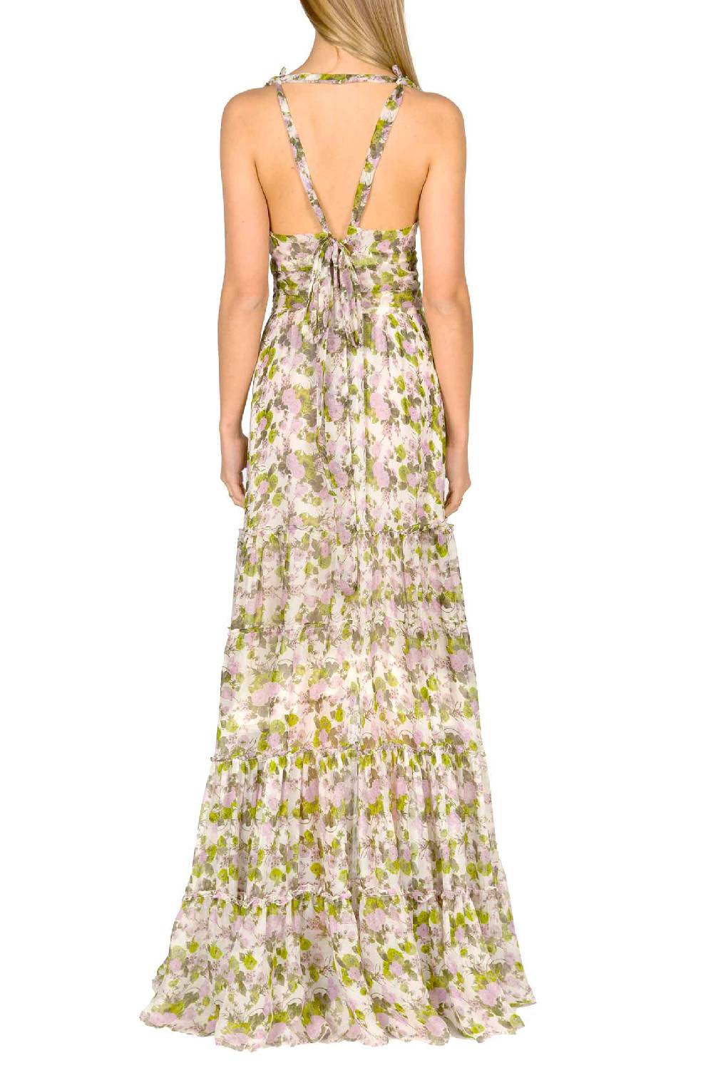 Luisa Beccaria Abito Lungo In Chiffon Increspato Con Rose In Fiore