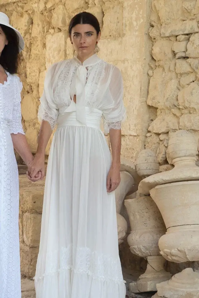 Luisa Beccaria Abito Lungo In Crepon Di Chiffon Con Pizzo Bianco