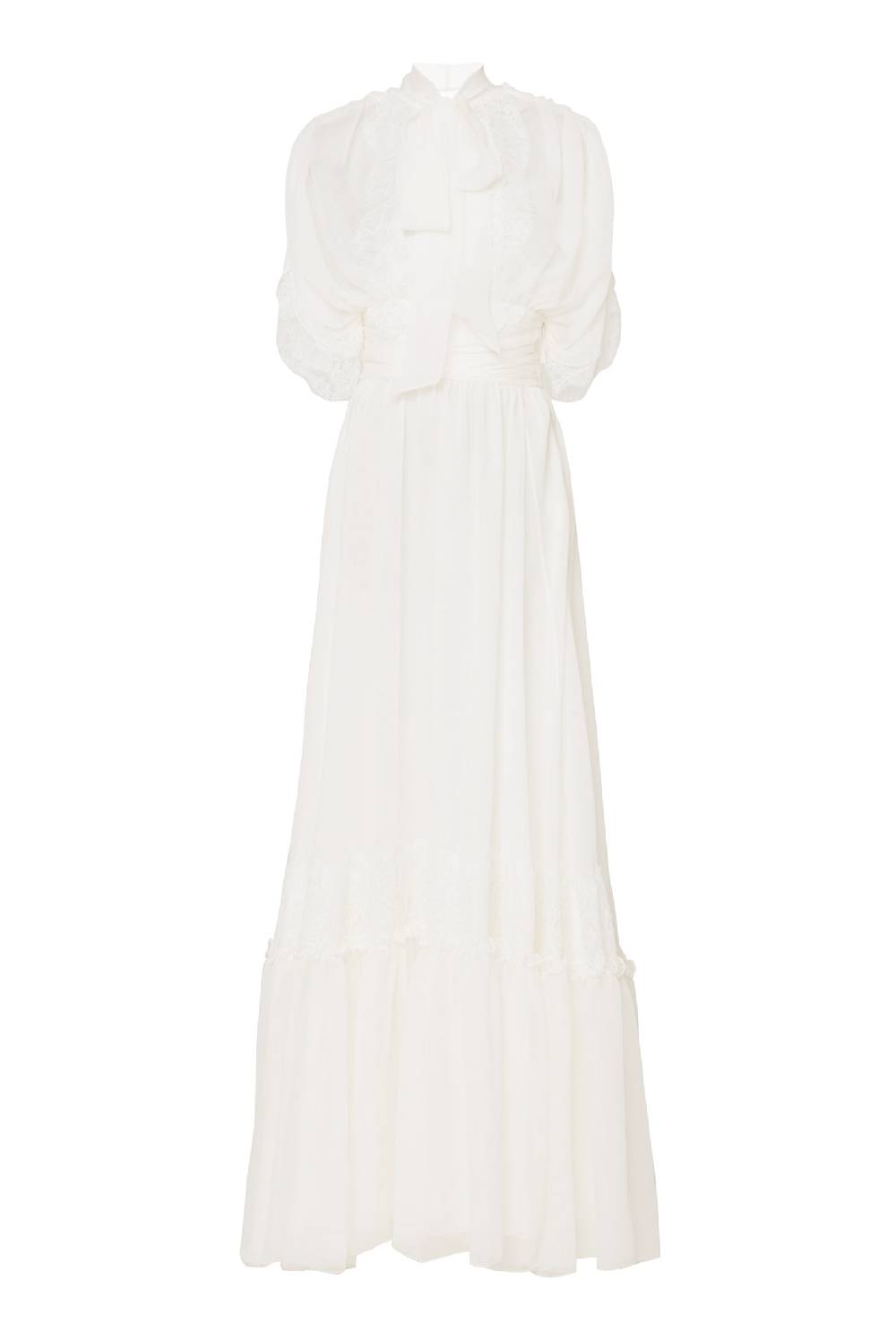 Luisa Beccaria Abito Lungo In Crepon Di Chiffon Con Pizzo Bianco