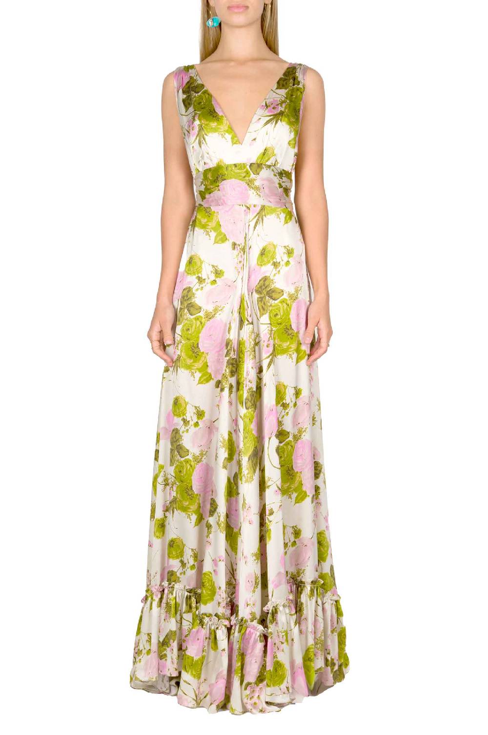 Luisa Beccaria Abito Lungo In Seta Blooming Roses Con Scollo A V