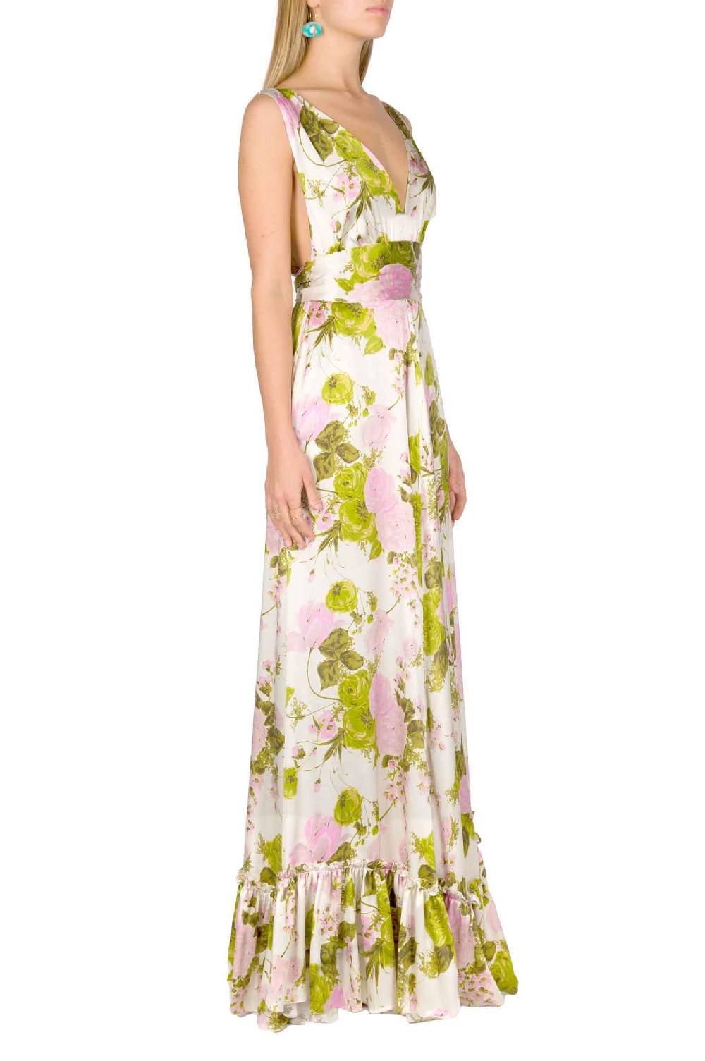 Luisa Beccaria Abito Lungo In Seta Blooming Roses Con Scollo A V