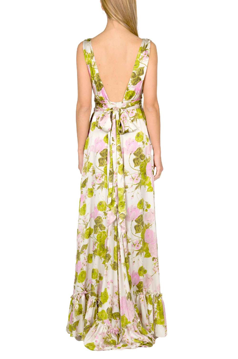 Luisa Beccaria Abito Lungo In Seta Blooming Roses Con Scollo A V