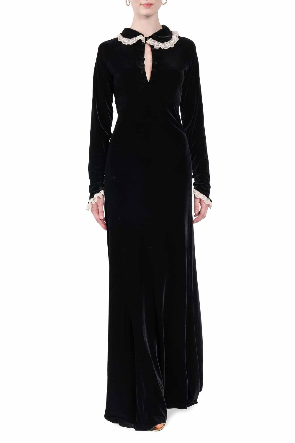 Luisa Beccaria Abito Lungo In Velluto Con Rifiniture In Pizzo