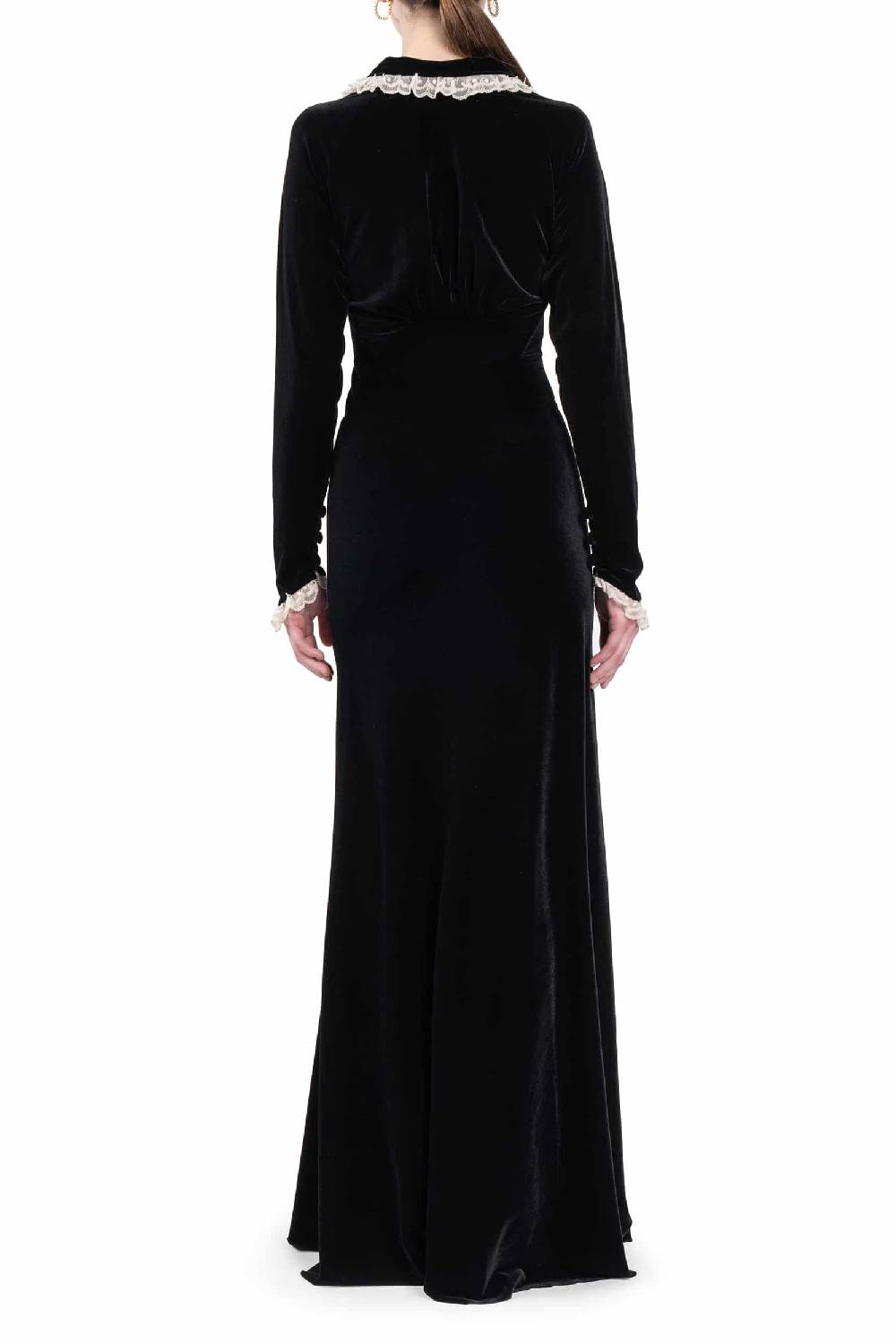 Luisa Beccaria Abito Lungo In Velluto Con Rifiniture In Pizzo