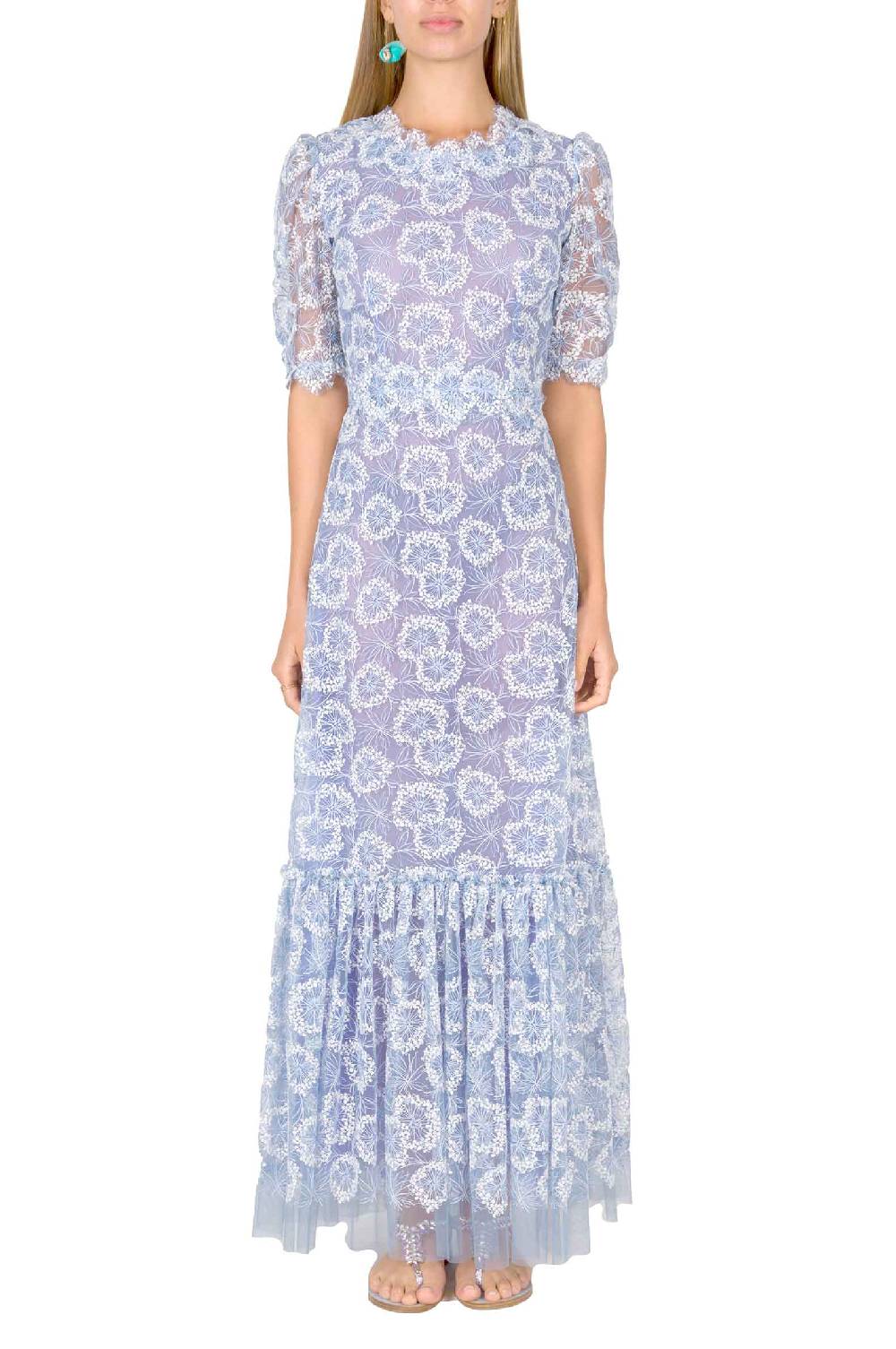 Luisa Beccaria Abito Midi Con Volant E Ricami Floreali