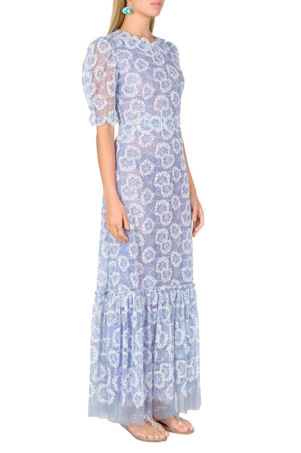 Luisa Beccaria Abito Midi Con Volant E Ricami Floreali