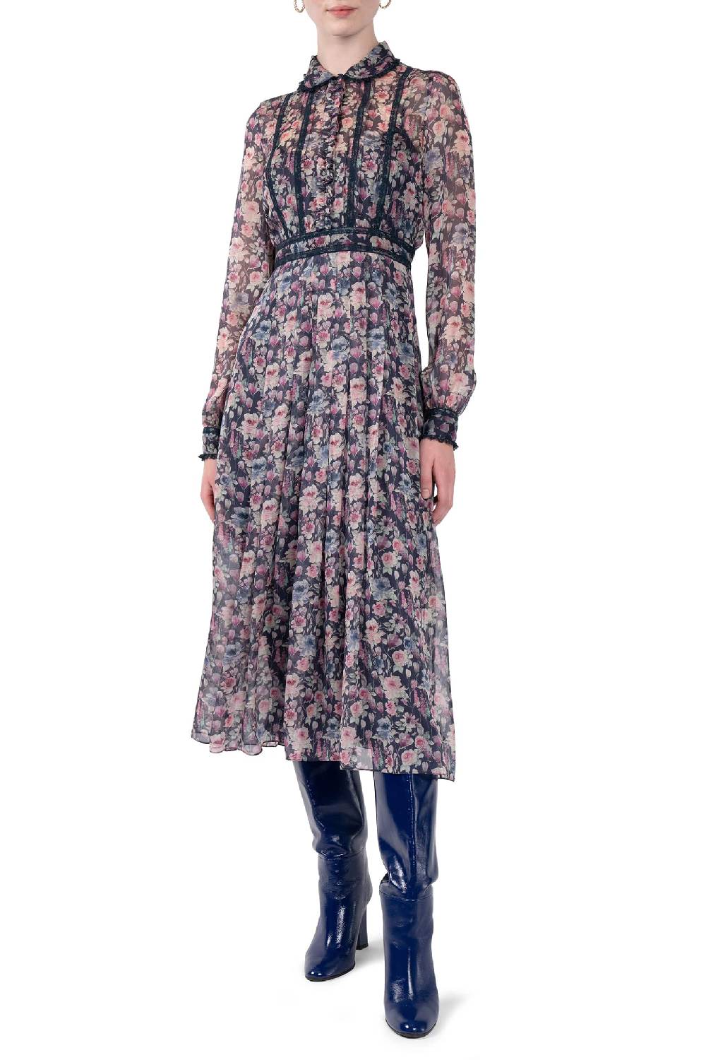 Luisa Beccaria Abito Midi In Chiffon Stampato Con Rose