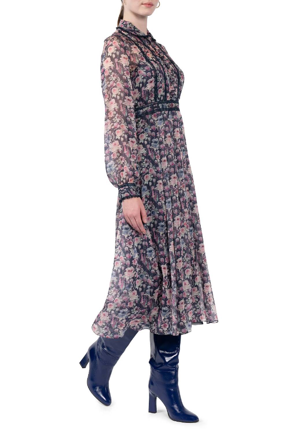 Luisa Beccaria Abito Midi In Chiffon Stampato Con Rose