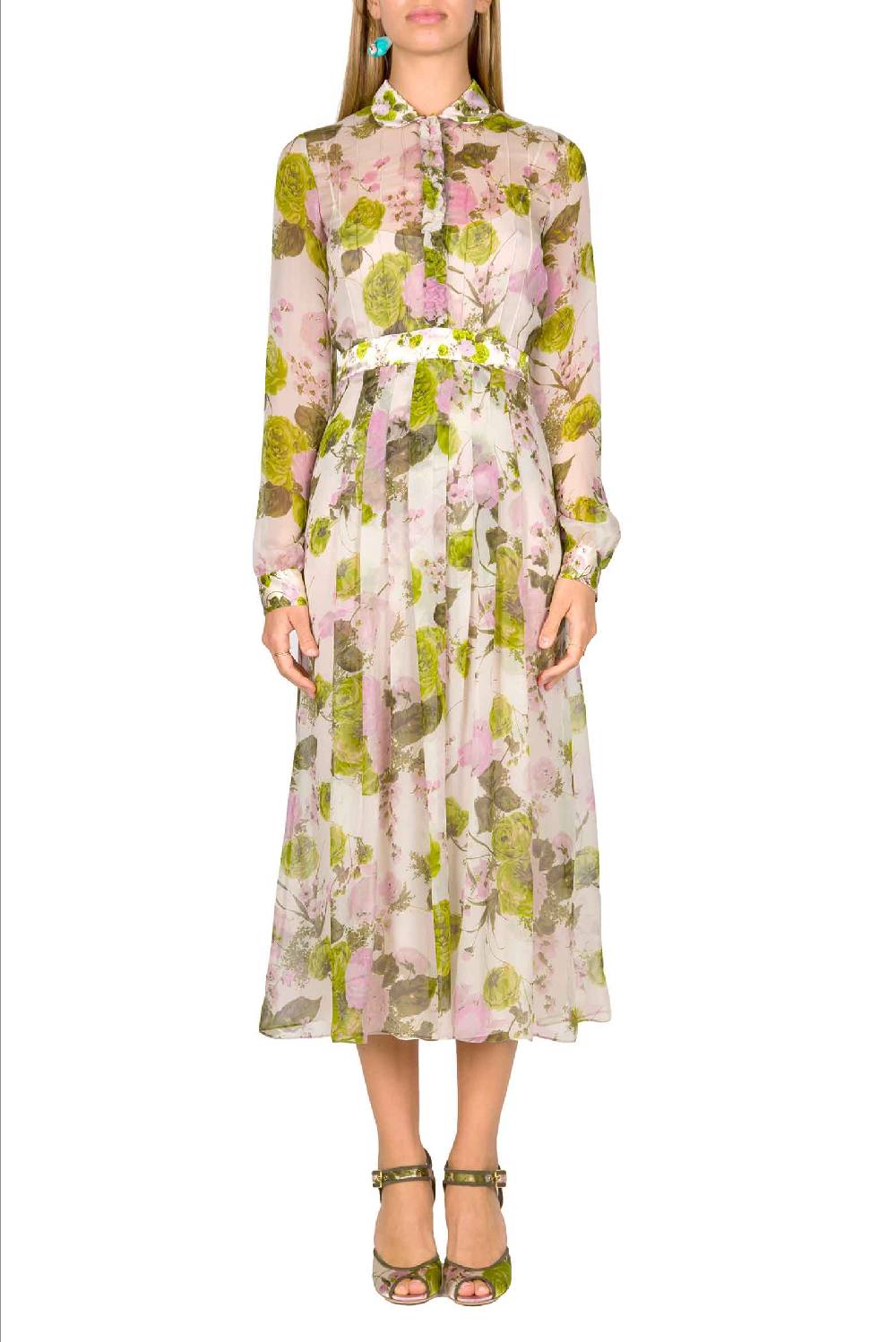 Luisa Beccaria Abito Midi In Chiffon Stampato Con Rose In Fiore