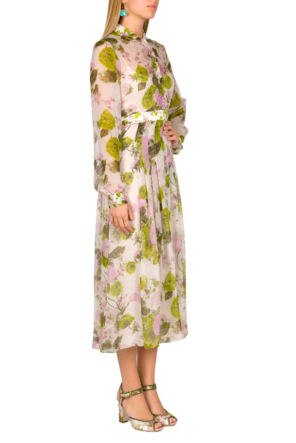 Luisa Beccaria Abito Midi In Chiffon Stampato Con Rose In Fiore