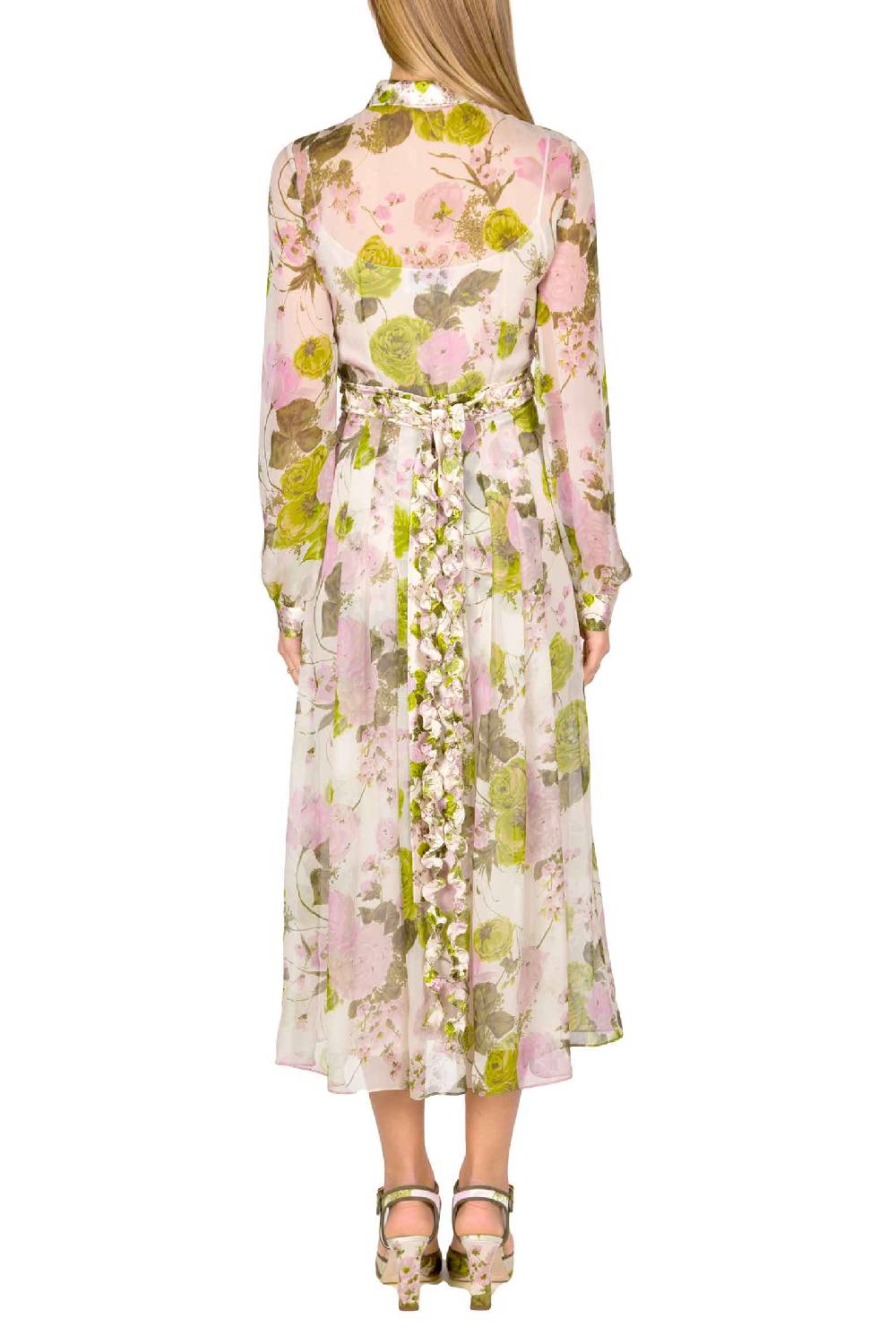 Luisa Beccaria Abito Midi In Chiffon Stampato Con Rose In Fiore