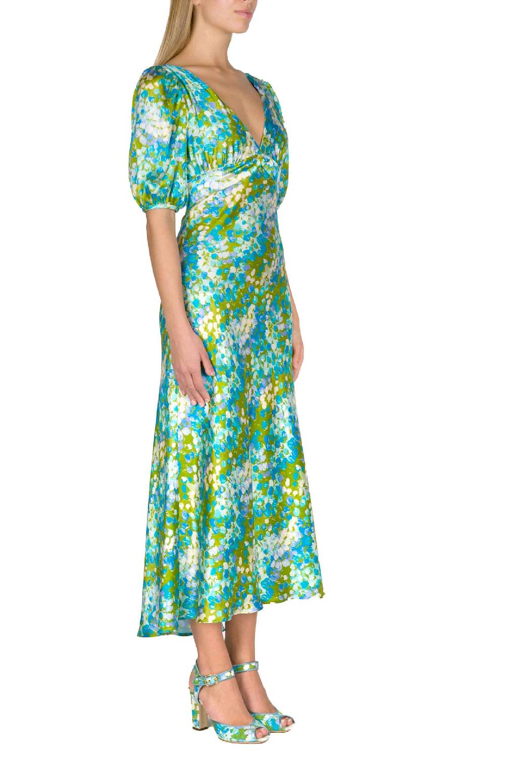 Luisa Beccaria Abito Midi Monet In Seta Con Maniche A Sbuffo