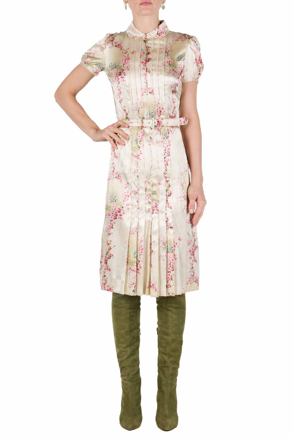 Luisa Beccaria Abito Plissettato Cerchio Di Rose Stampato In Raso Elasticizzato
