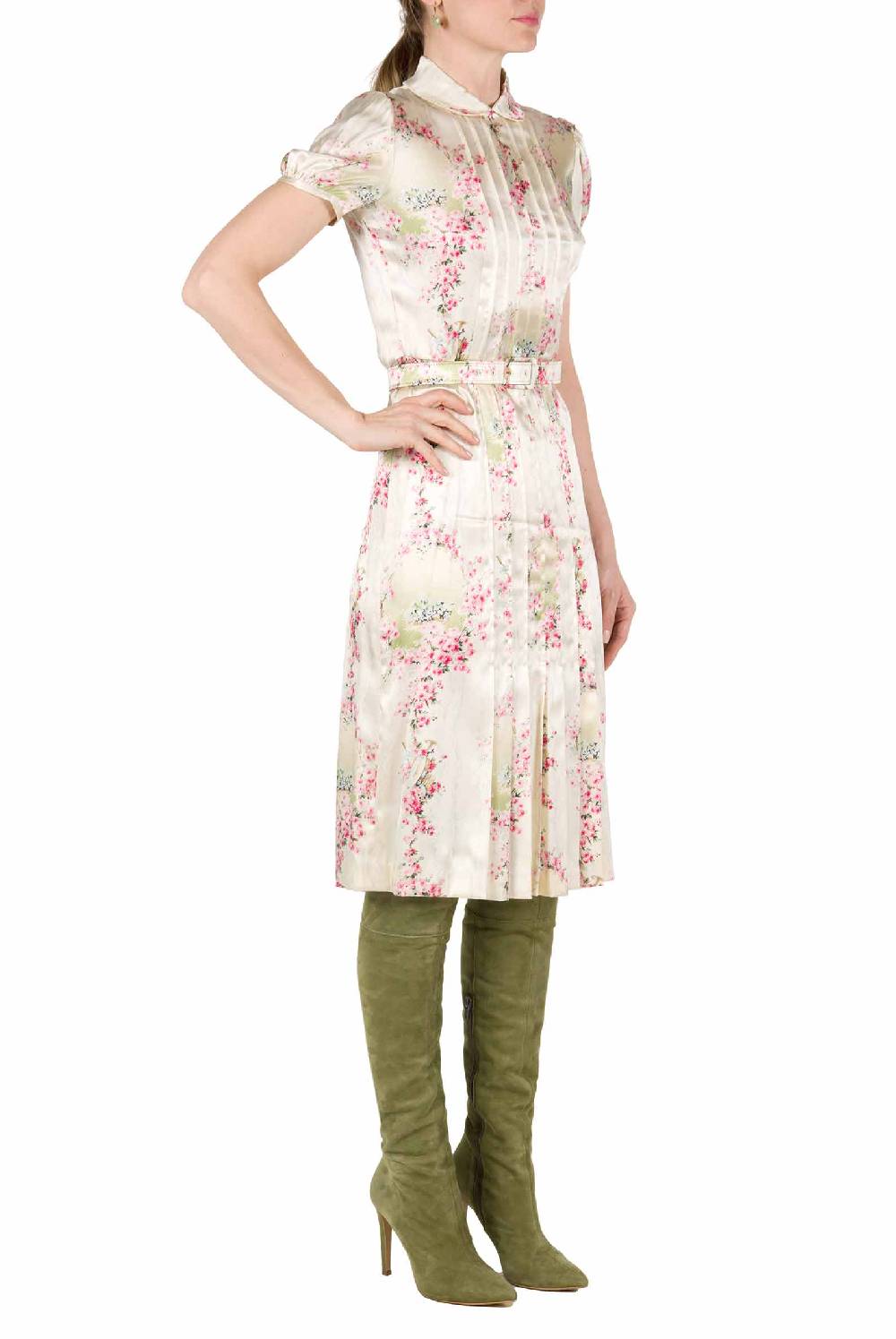 Luisa Beccaria Abito Plissettato Cerchio Di Rose Stampato In Raso Elasticizzato