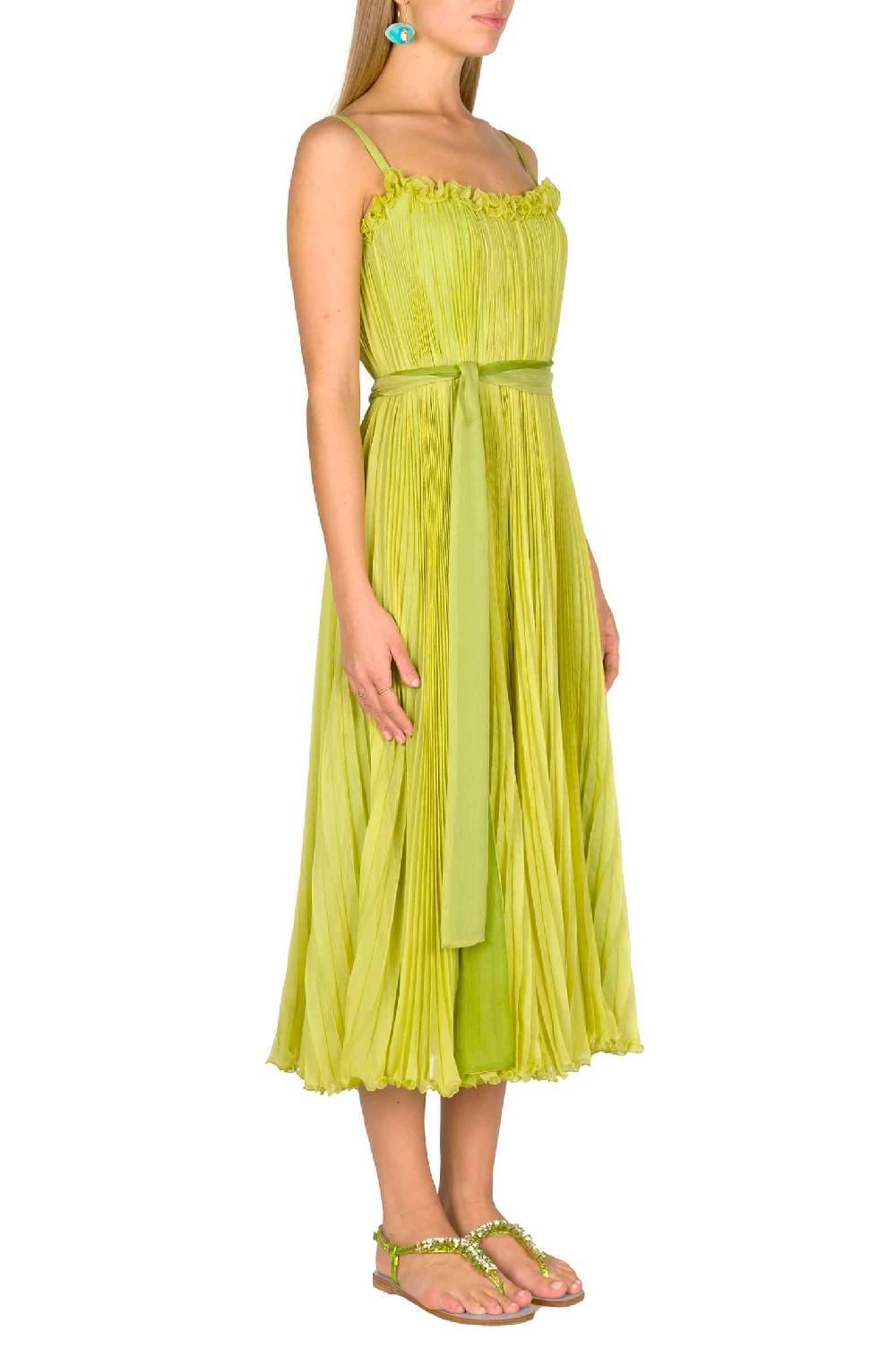 Luisa Beccaria Abito Plissettato Verde Lime Con Fascia