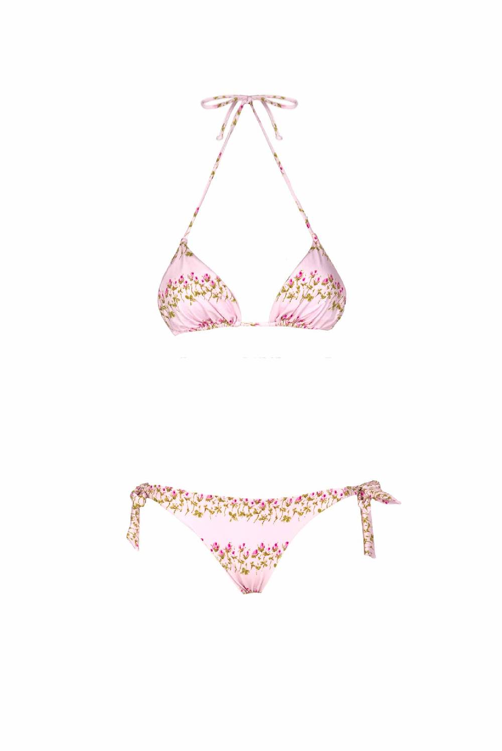 Luisa Beccaria Bikini a triangolo e slip a righe fiorite rosa