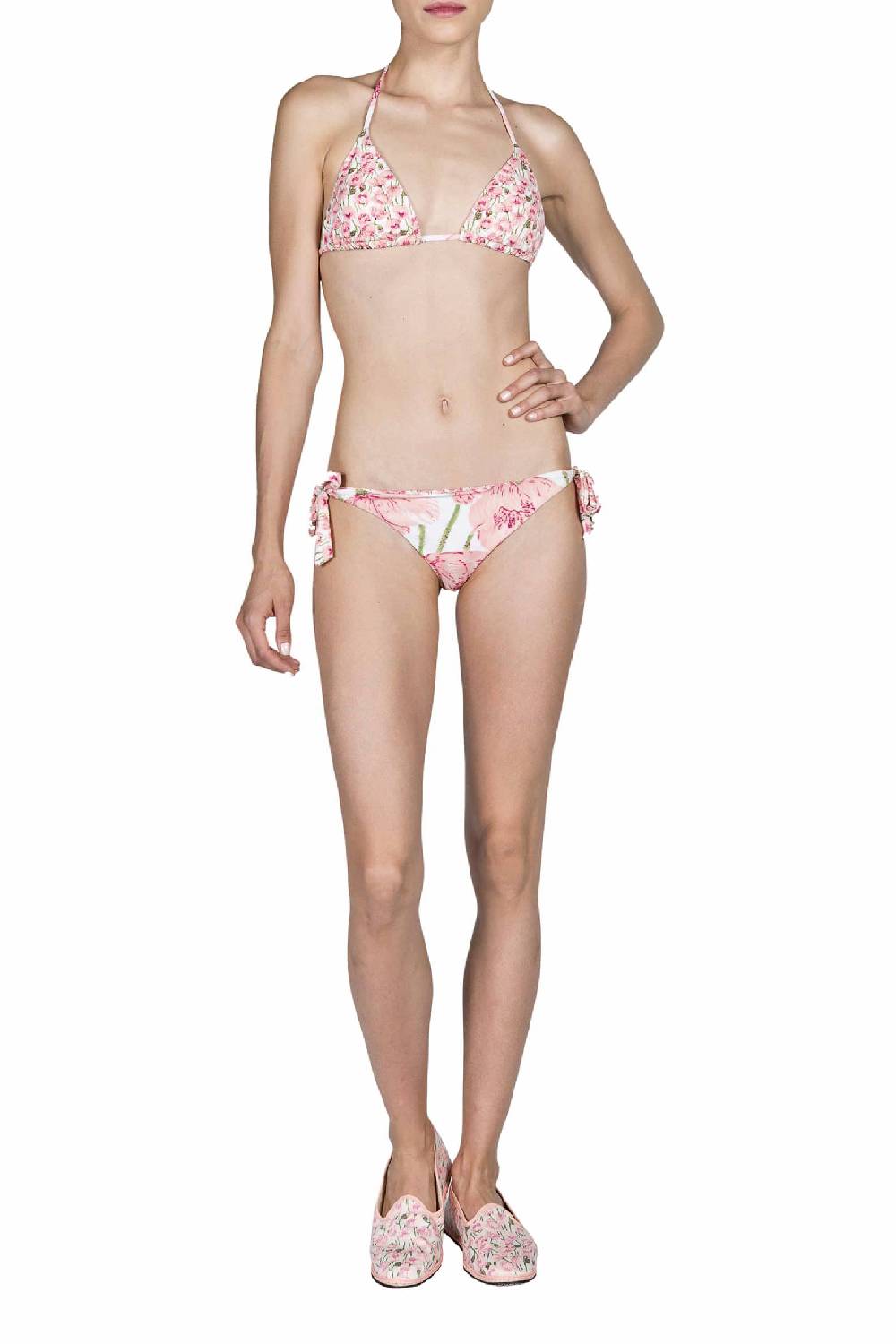 Luisa Beccaria Bikini Triangolo E Slip Rosa Papaveri Double Face