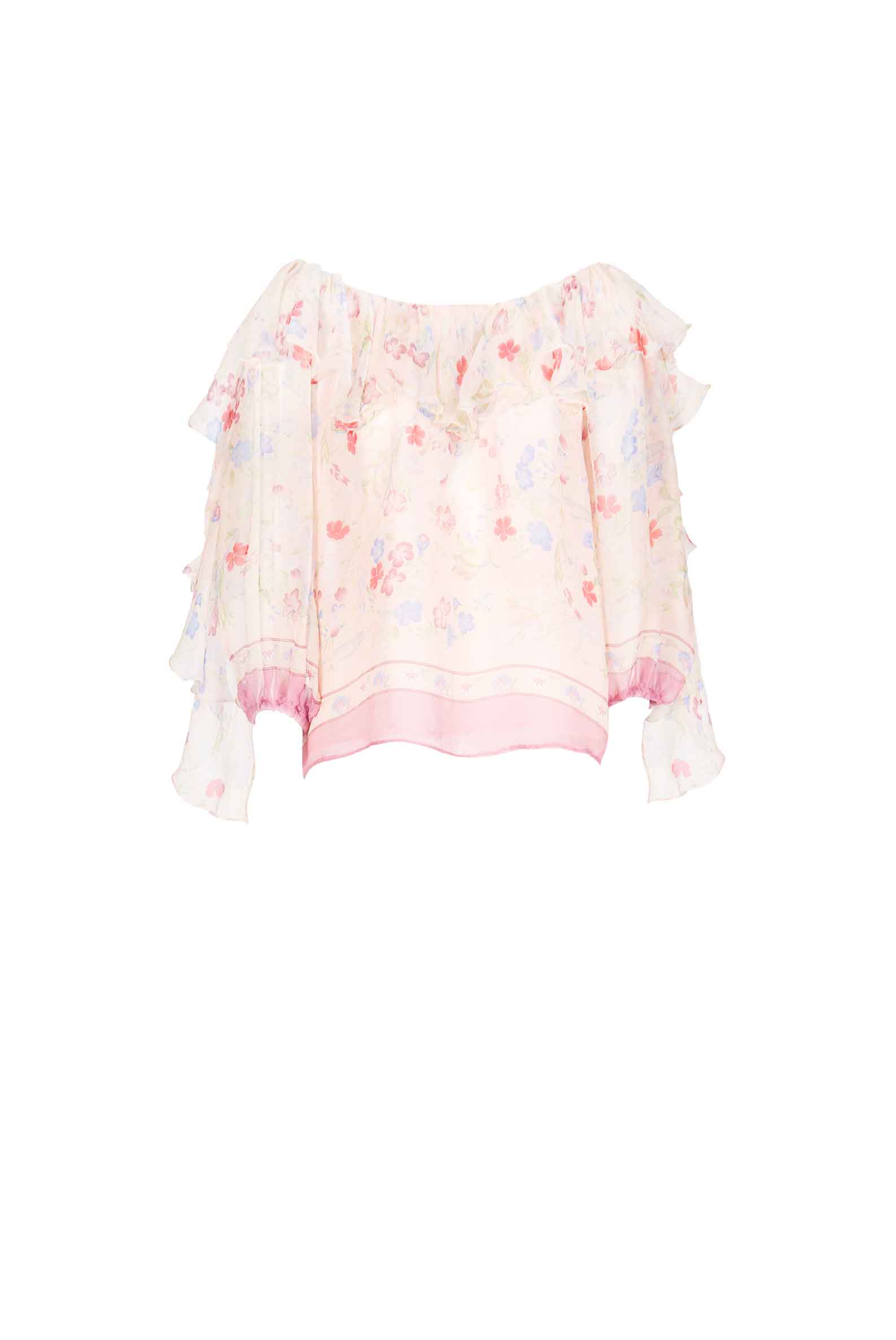 Luisa Beccaria Blusa in chiffon stampata con volant a fiori Gilly