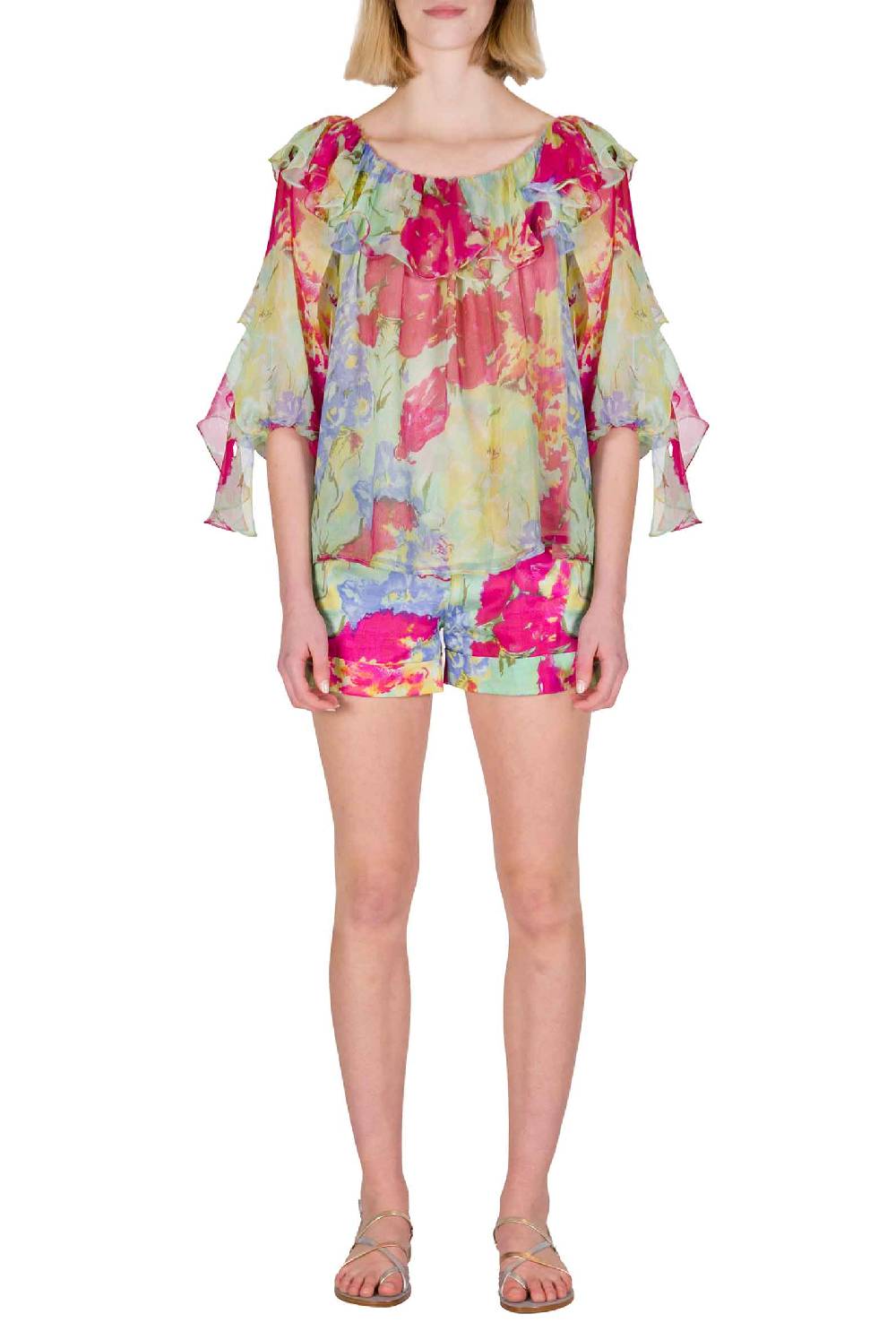 Luisa Beccaria Blusa Volant In Chiffon A Fiori Astratti