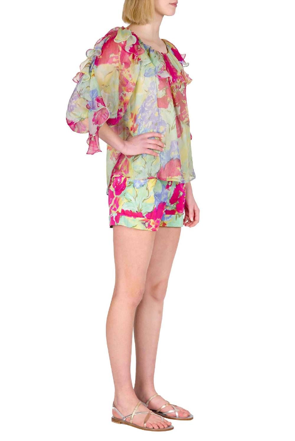 Luisa Beccaria Blusa Volant In Chiffon A Fiori Astratti
