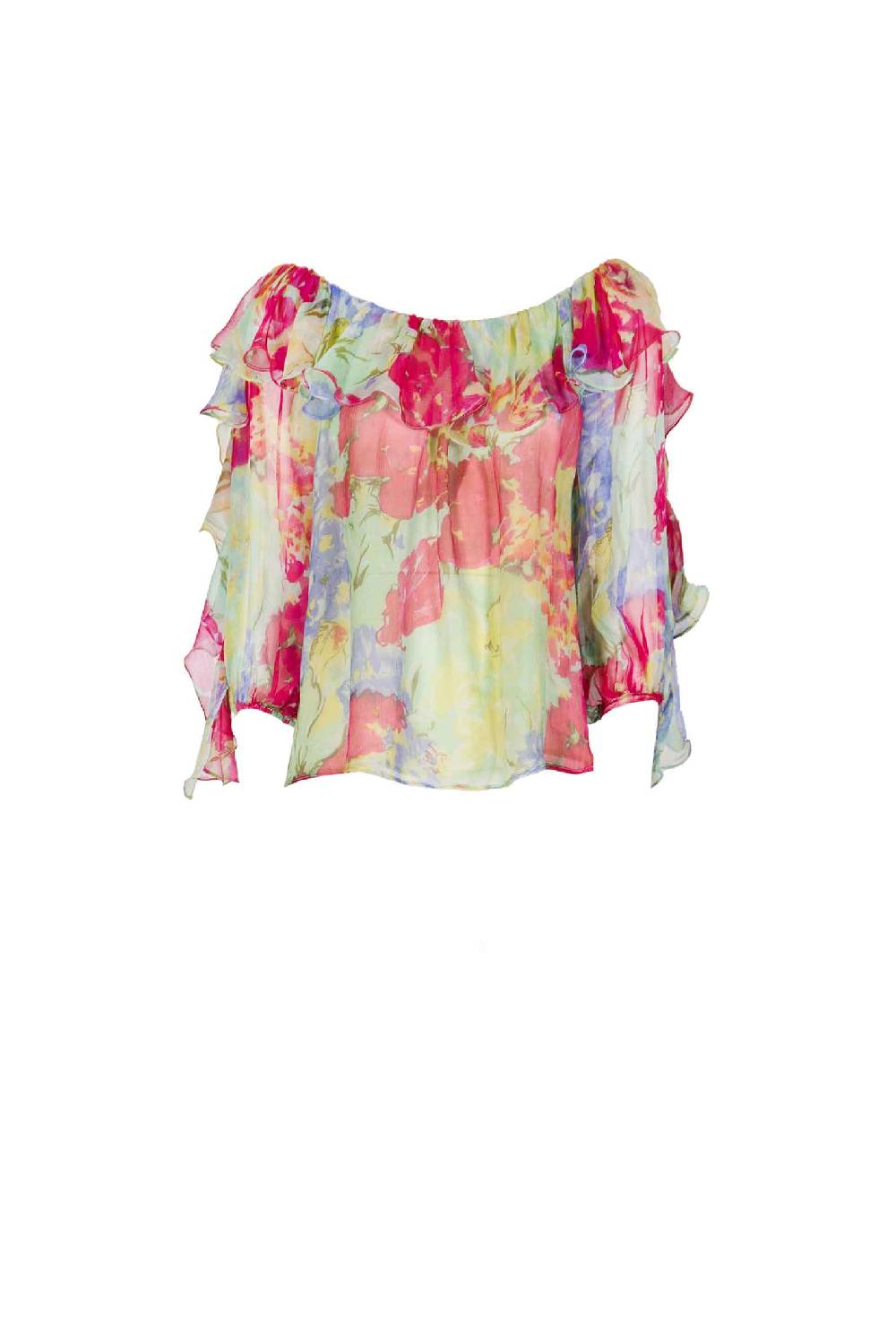 Luisa Beccaria Blusa Volant in Chiffon a Fiori Astratti