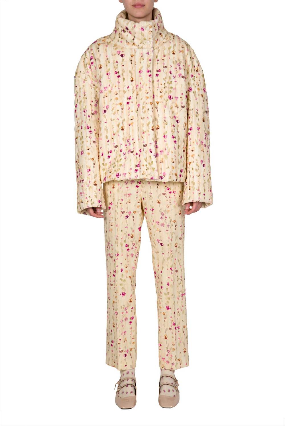 Luisa Beccaria Bomber Imbottito In Velluto A Coste Con Ghirlanda Di Fiori