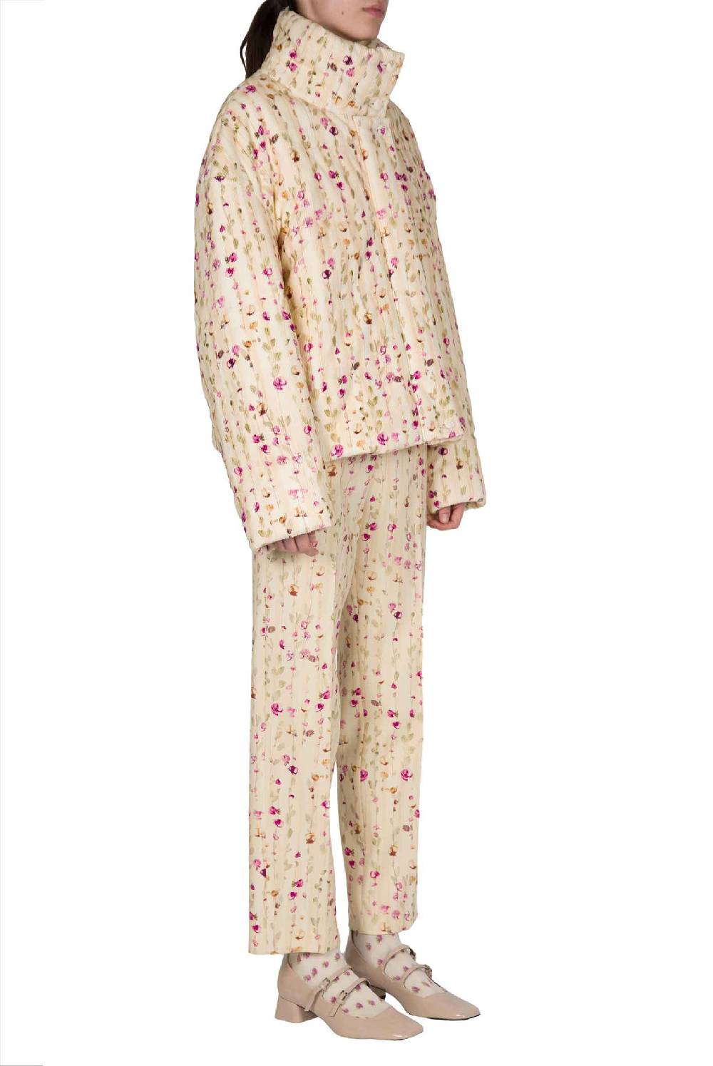 Luisa Beccaria Bomber Imbottito In Velluto A Coste Con Ghirlanda Di Fiori