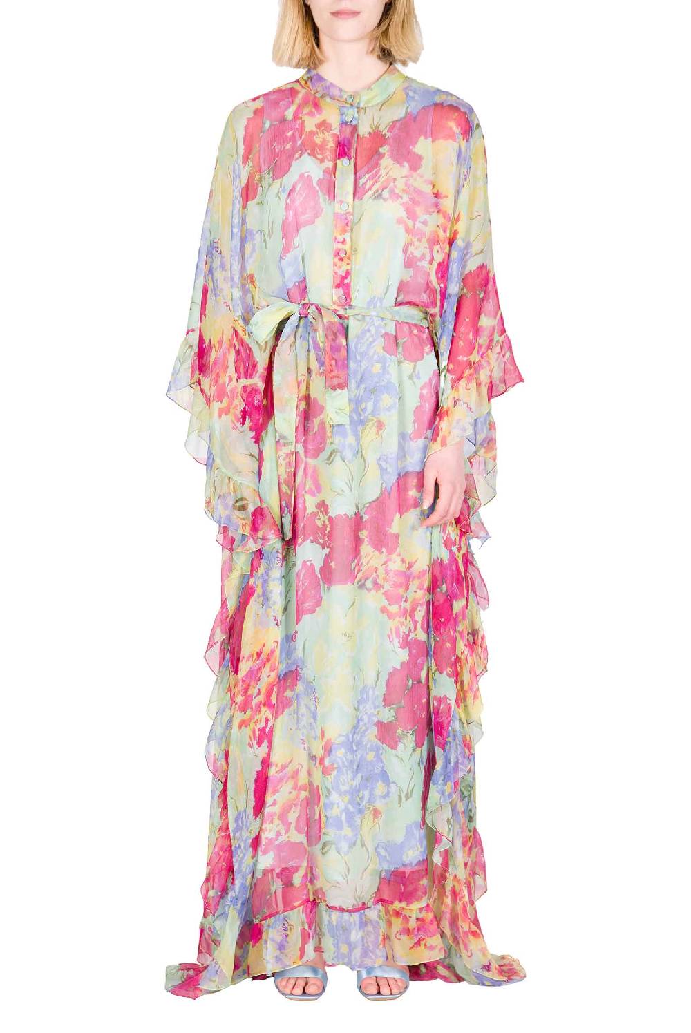 Luisa Beccaria Caftano In Chiffon Con Finiture Arricciate A Fiori Astratti