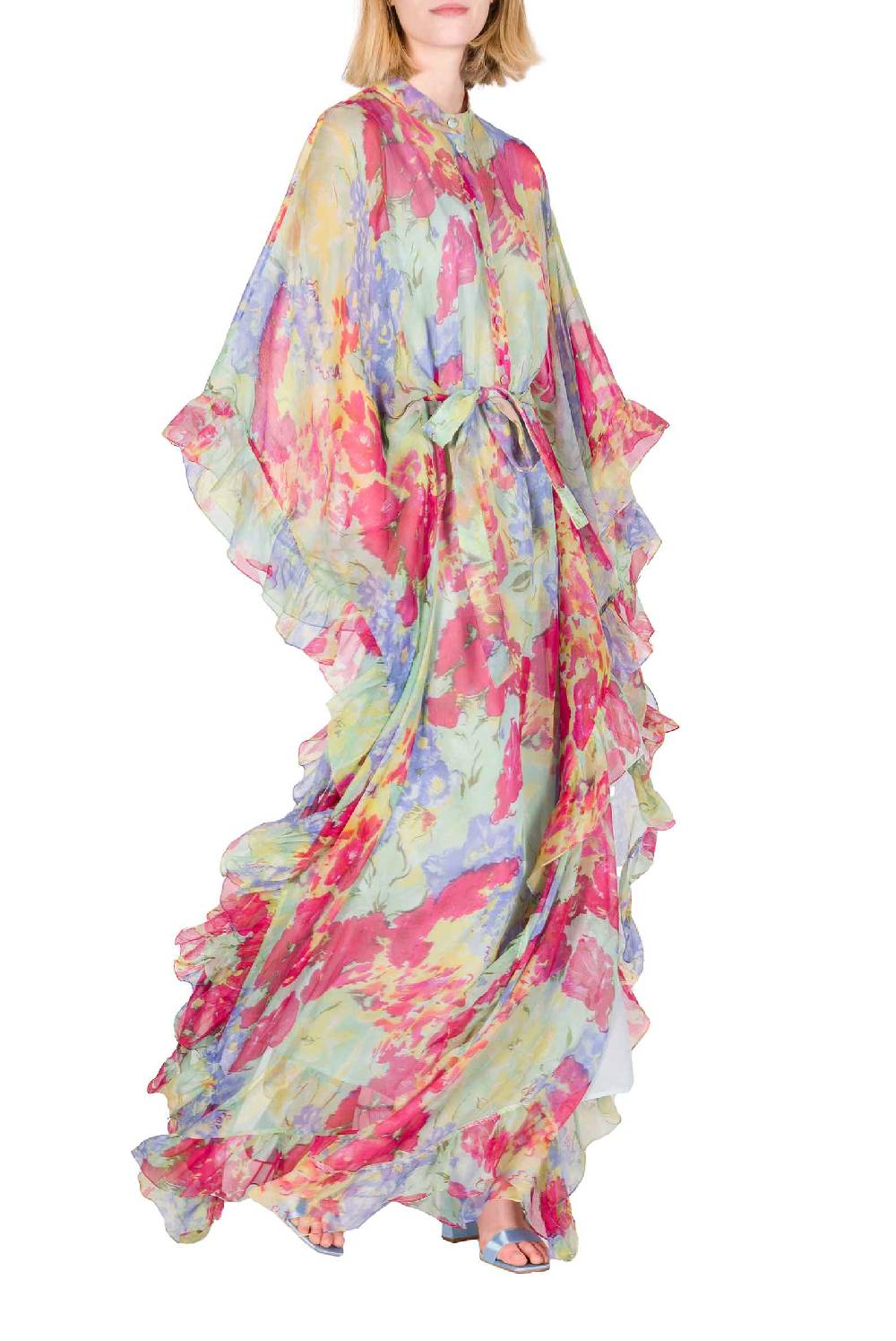 Luisa Beccaria Caftano In Chiffon Con Finiture Arricciate A Fiori Astratti