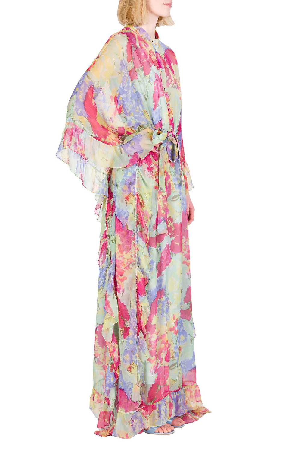 Luisa Beccaria Caftano In Chiffon Con Finiture Arricciate A Fiori Astratti