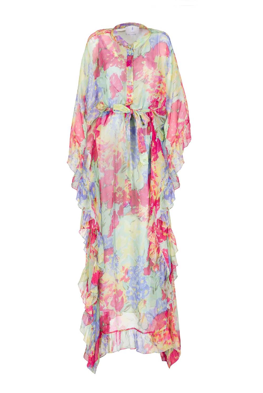 Luisa Beccaria Caftano in chiffon con finiture arricciate a fiori astratti