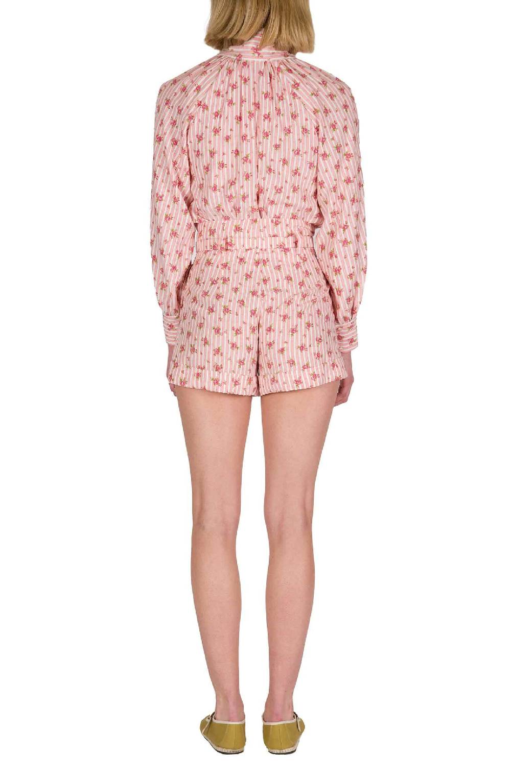 Luisa Beccaria Camicia In Cotone Con Rose Rigate E Fiocco