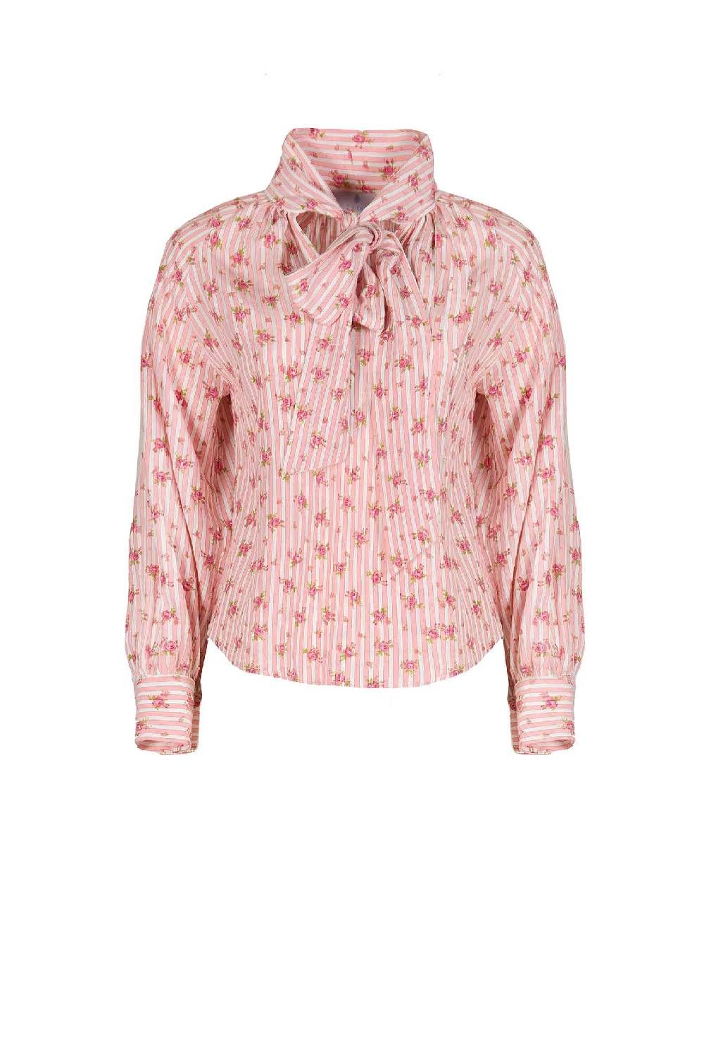 Luisa Beccaria Camicia In Cotone Con Rose Rigate E Fiocco