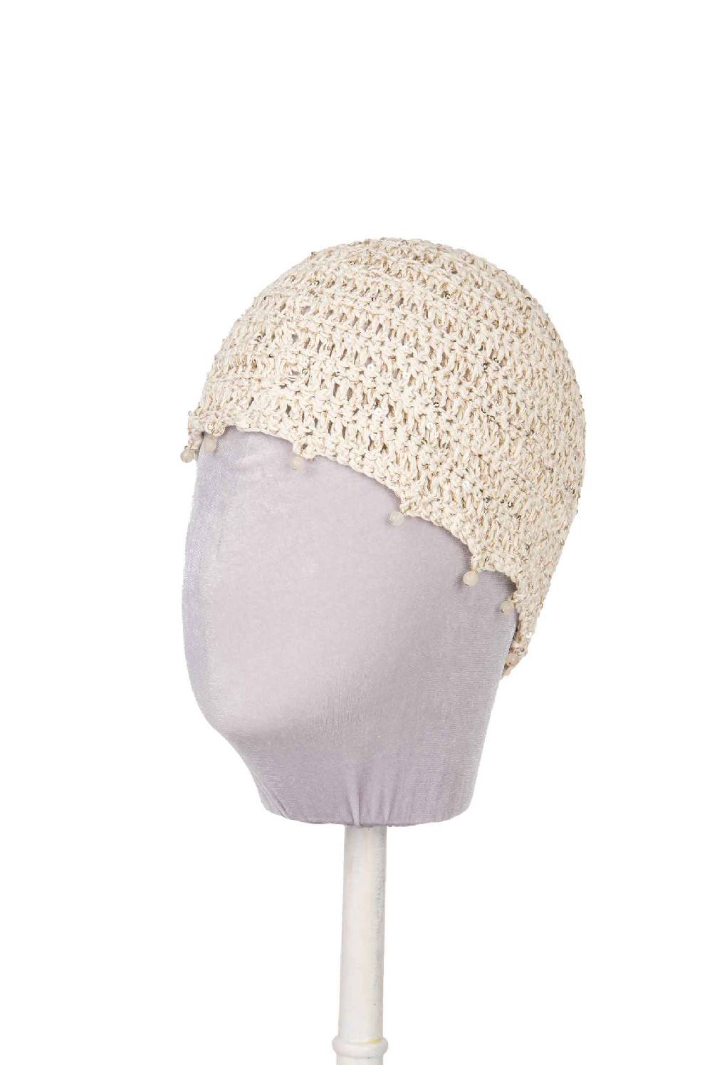 Luisa Beccaria Cappello Beige All'uncinetto Con Perline