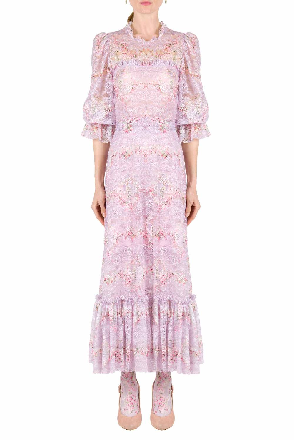Luisa Beccaria Cerchio Di Rose Stampato Abito In Pizzo Con Volant