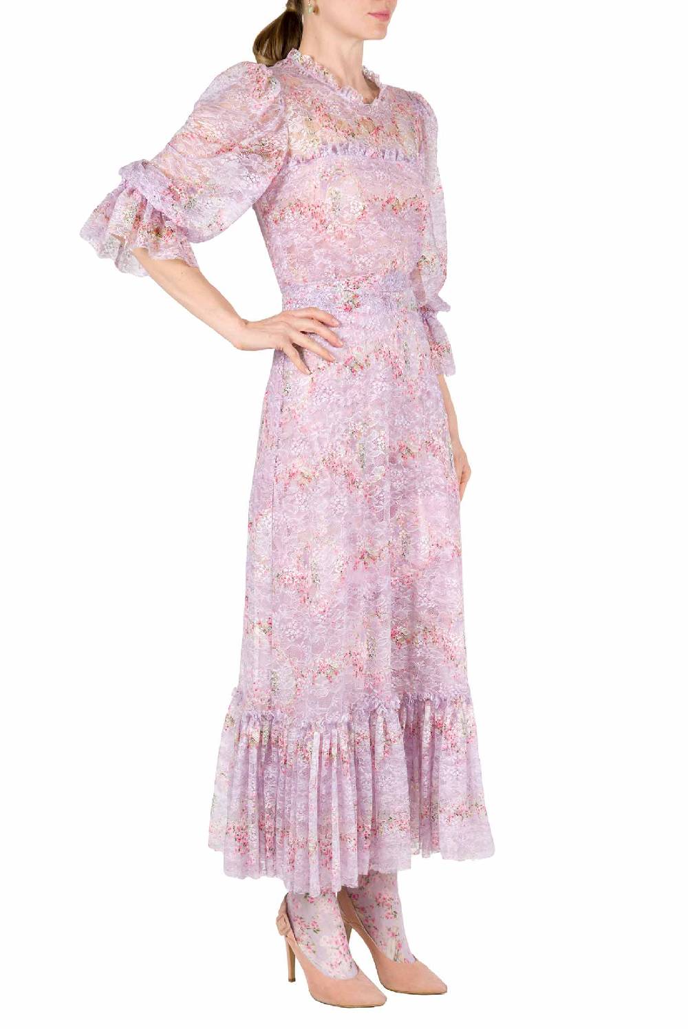 Luisa Beccaria Cerchio Di Rose Stampato Abito In Pizzo Con Volant