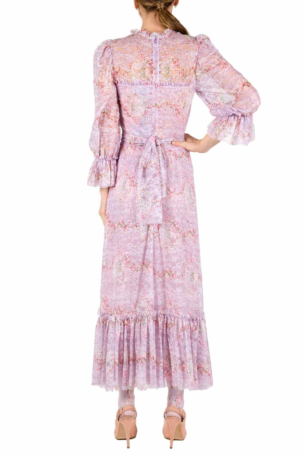 Luisa Beccaria Cerchio Di Rose Stampato Abito In Pizzo Con Volant