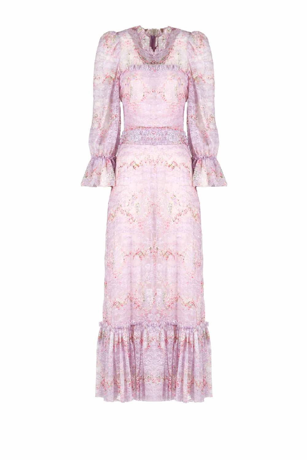 Luisa Beccaria Cerchio Di Rose Stampato Abito In Pizzo Con Volant