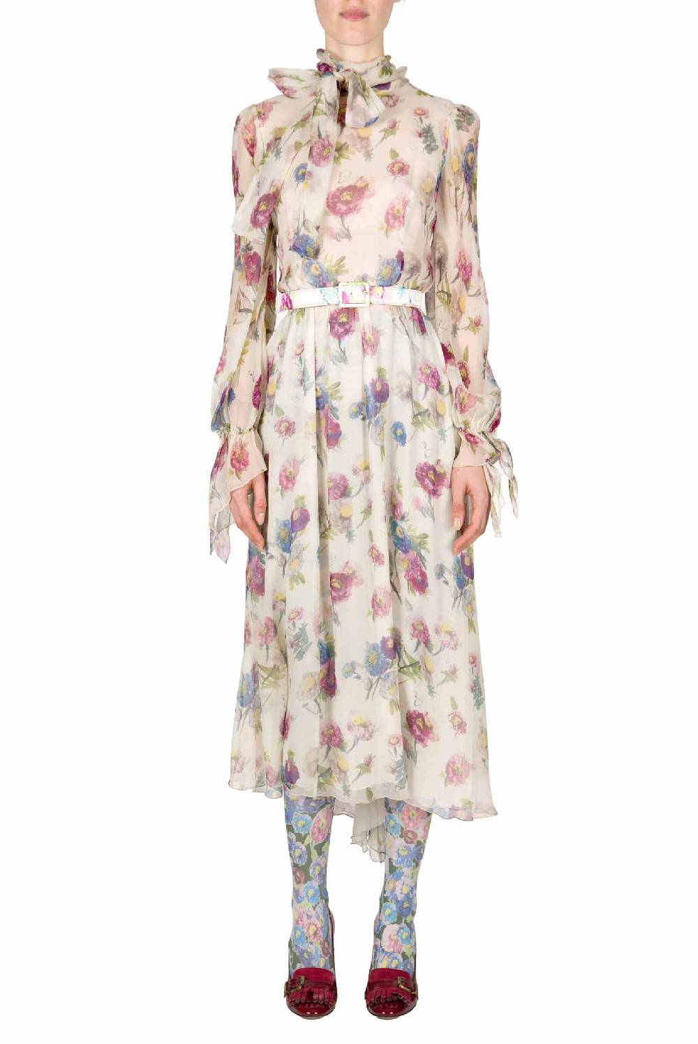 Luisa Beccaria Chiffon Macro Anemoni Abito Con Fascia