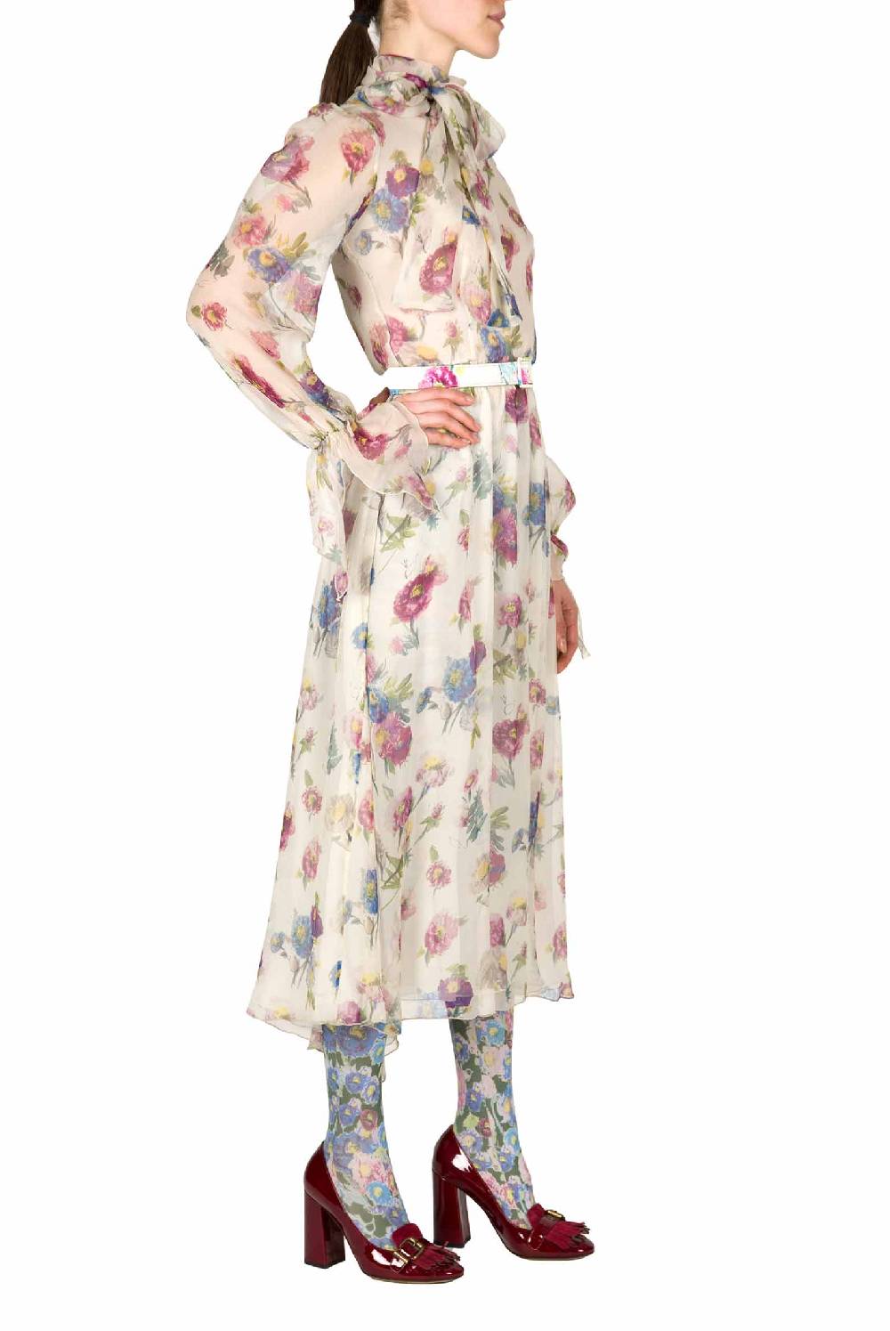 Luisa Beccaria Chiffon Macro Anemoni Abito Con Fascia