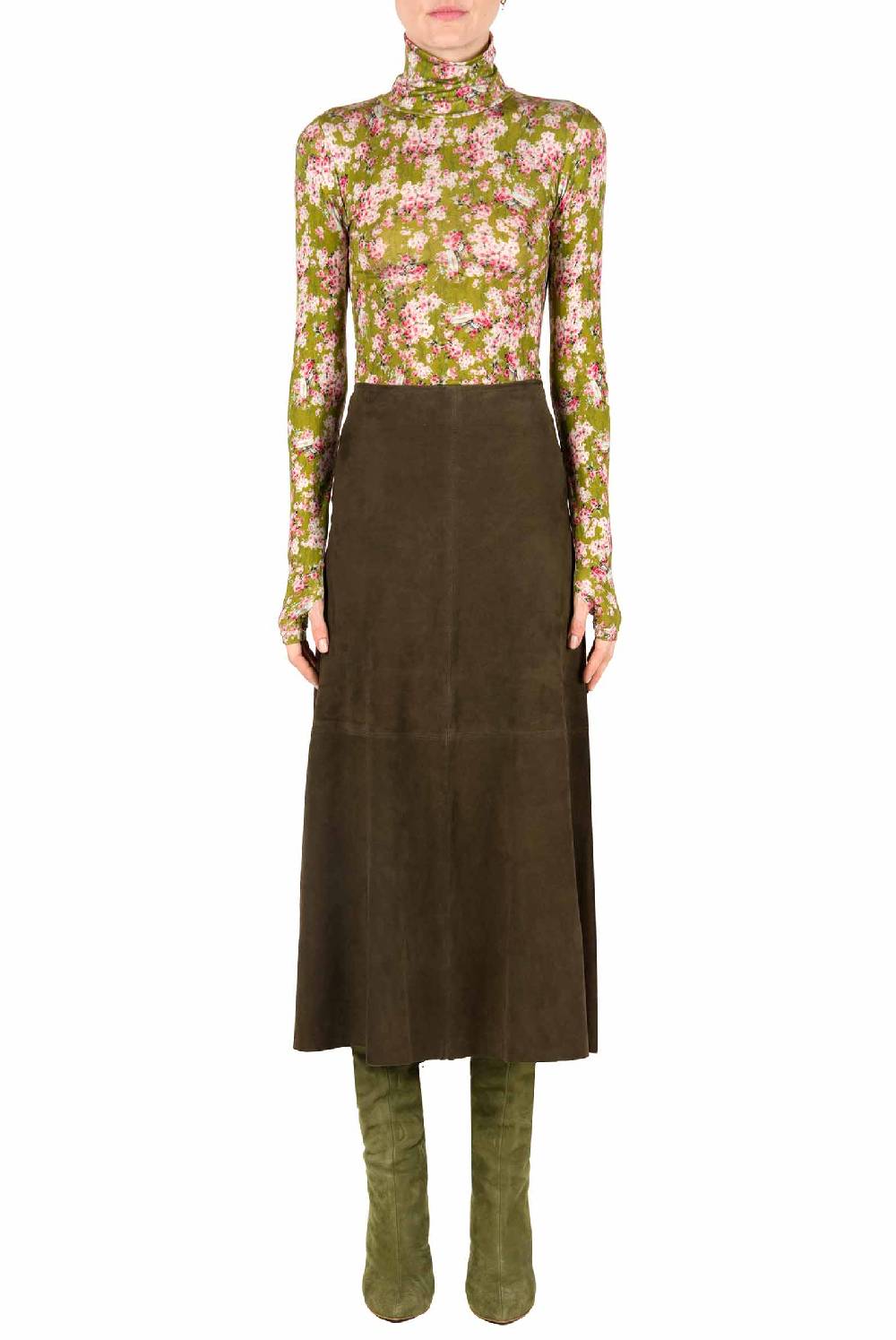 Luisa Beccaria Dolcevita In Jersey Con Boccioli Di Rosa Con Stampa Verde