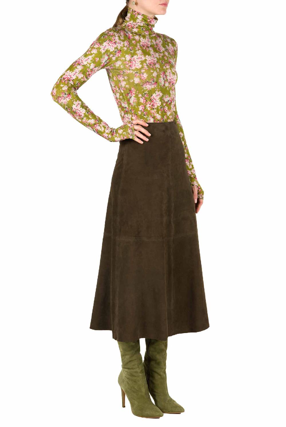 Luisa Beccaria Dolcevita In Jersey Con Boccioli Di Rosa Con Stampa Verde