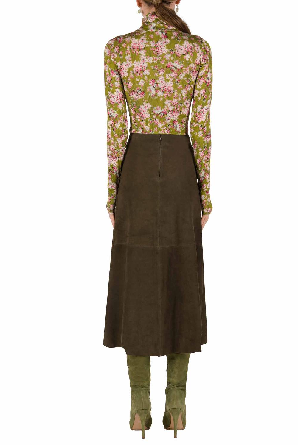 Luisa Beccaria Dolcevita In Jersey Con Boccioli Di Rosa Con Stampa Verde