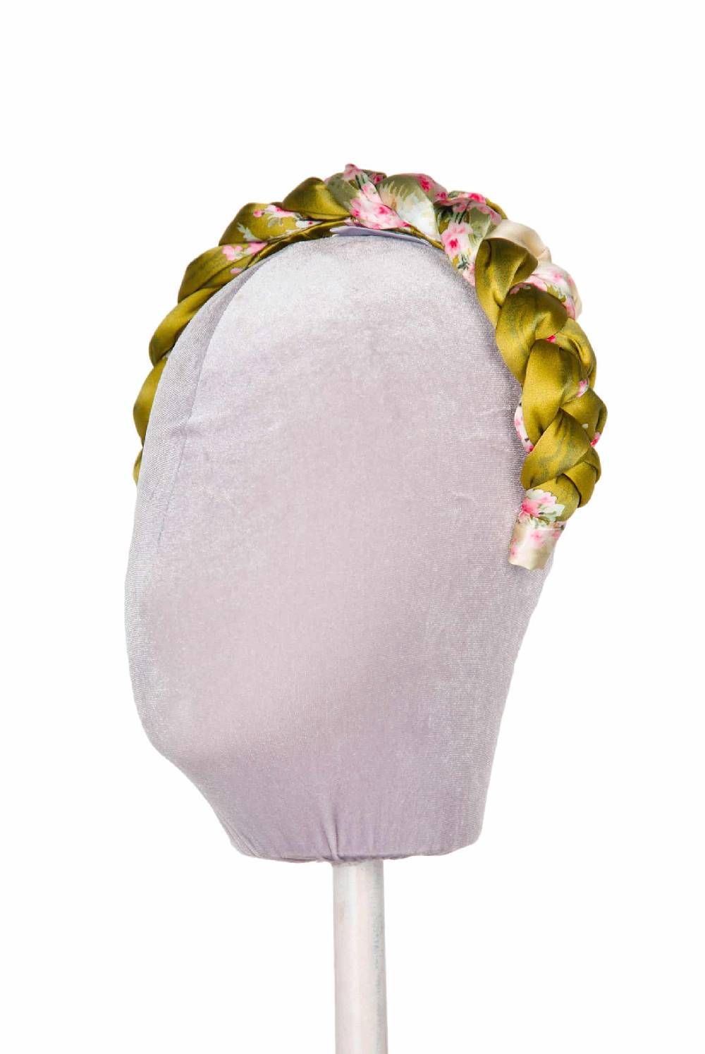 Luisa Beccaria Fascia Per Capelli Intrecciata Con Boccioli Di Rose In Raso Verde Brillante