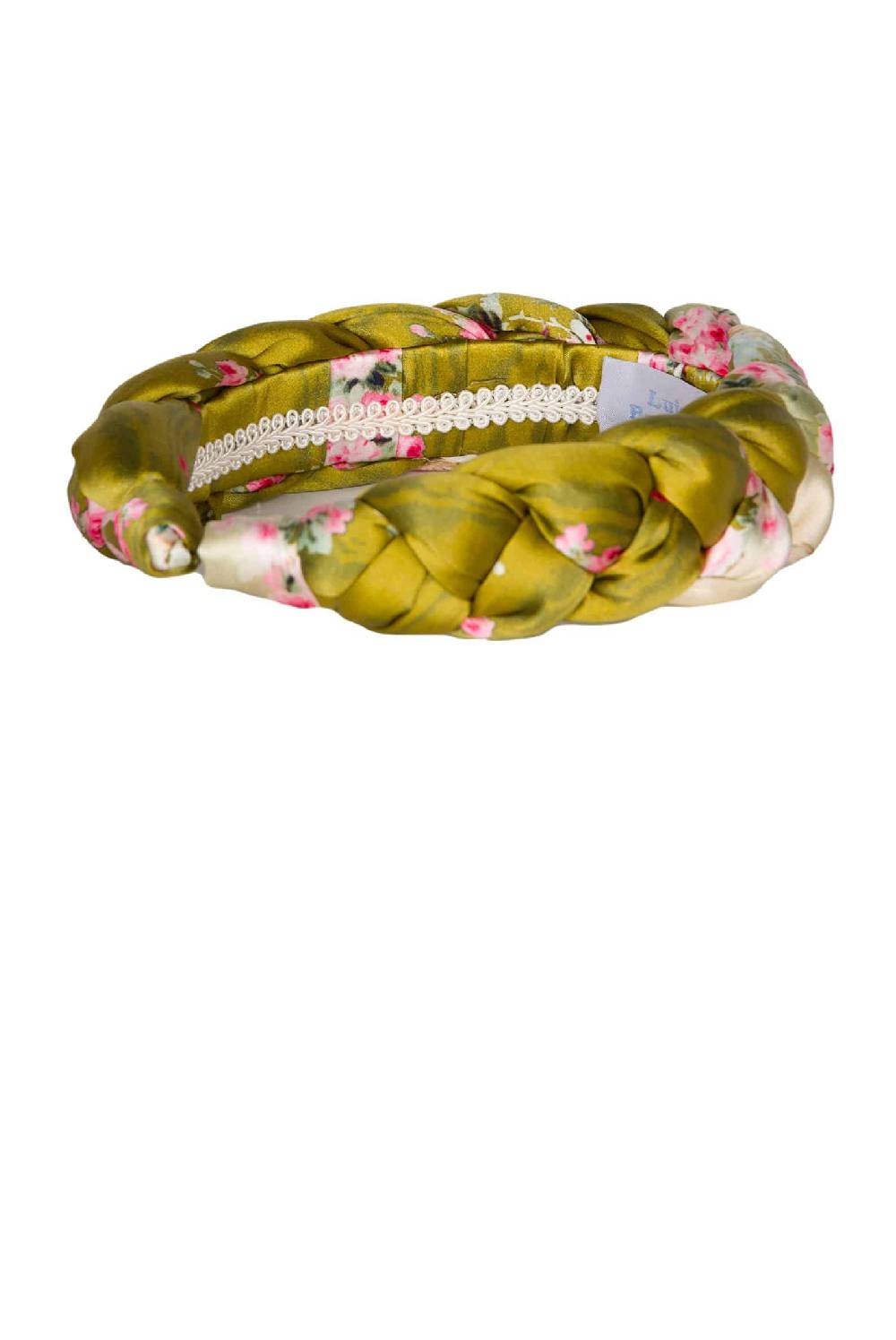 Luisa Beccaria Fascia per capelli intrecciata con boccioli di rose in raso verde brillante