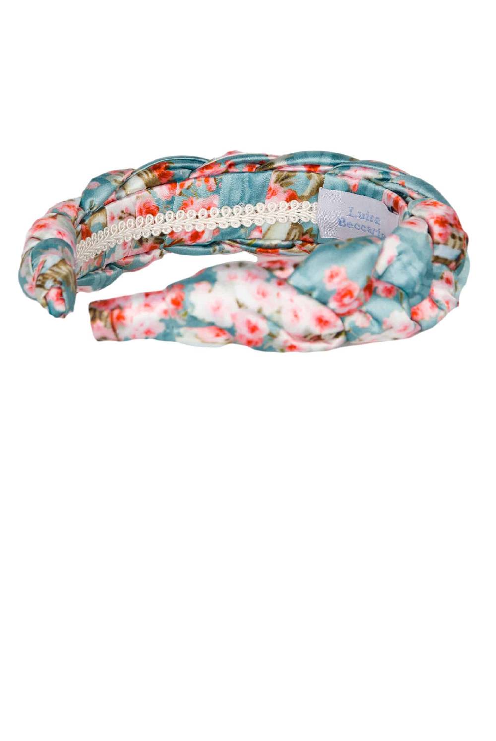Luisa Beccaria Fascia per capelli intrecciata con boccioli di rose in raso blu lucido