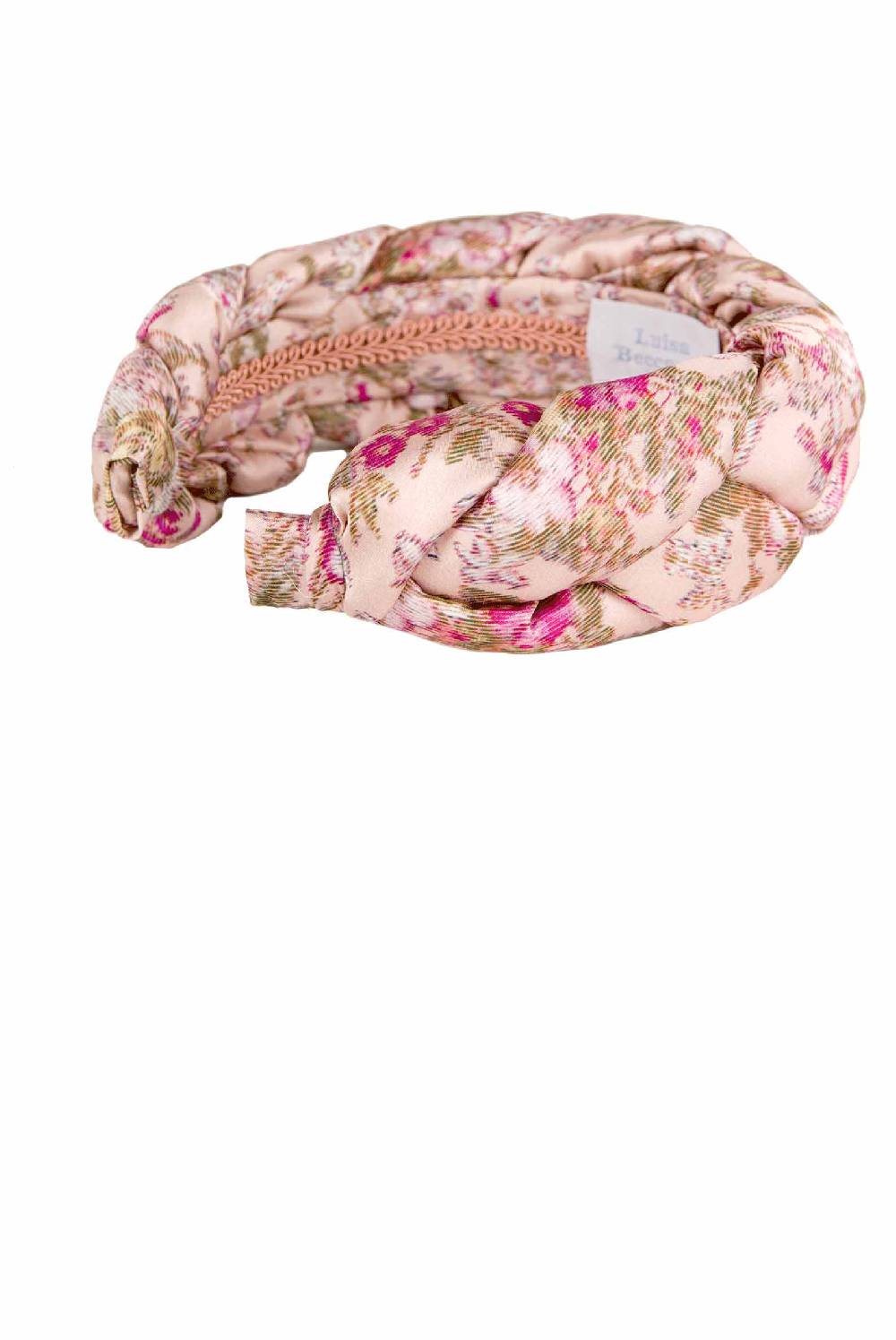 Luisa Beccaria Fascia per capelli intrecciata in raso rosa floreale