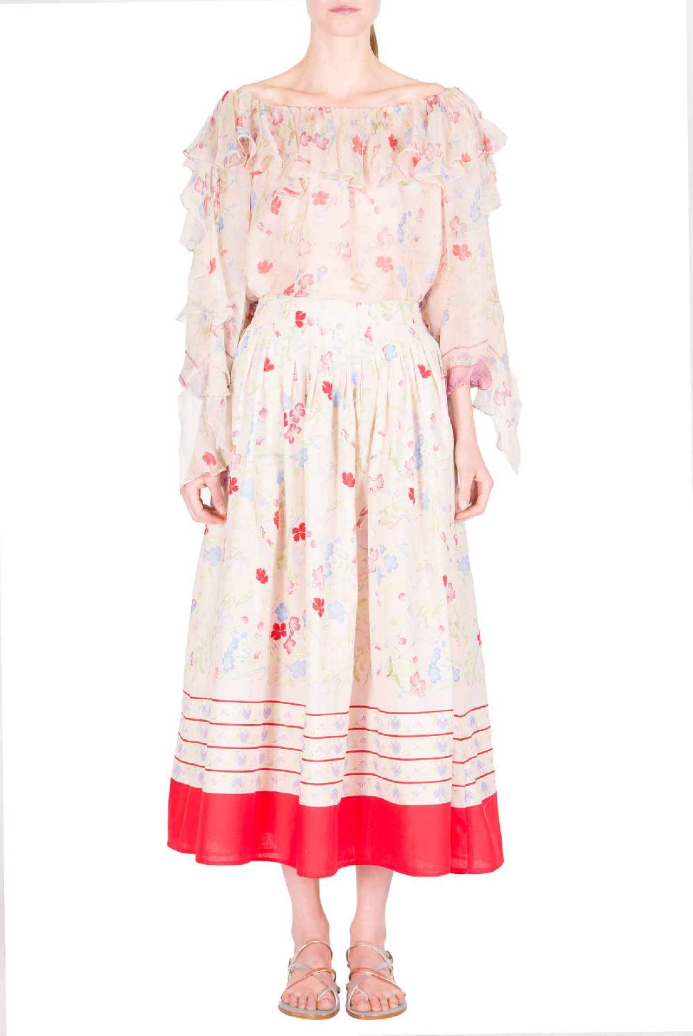 Luisa Beccaria Gonna Midi A Pieghe In Cotone Con Fiori Gilly