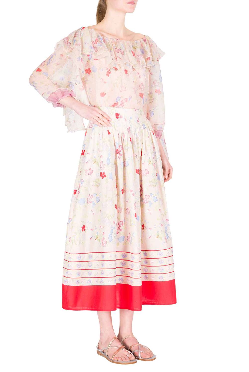 Luisa Beccaria Gonna Midi A Pieghe In Cotone Con Fiori Gilly