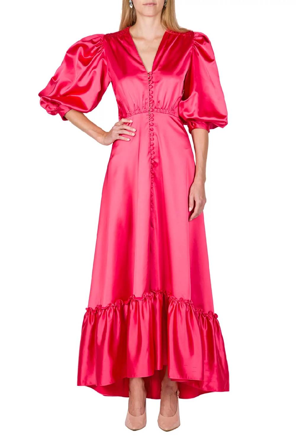 Luisa Beccaria Abito Bottoncino In Raso Con Balze